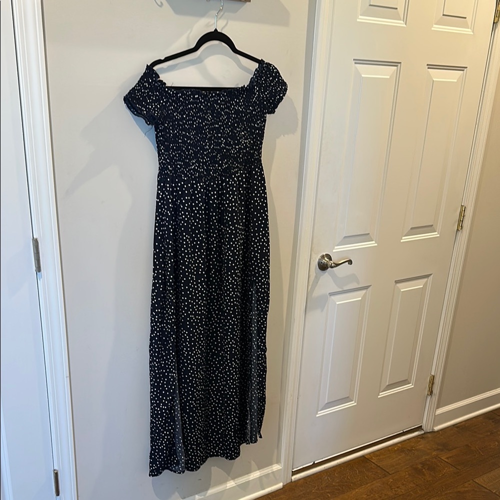 Elegant Navy Blue and White Polka Dot Off The Shoulder Dress
